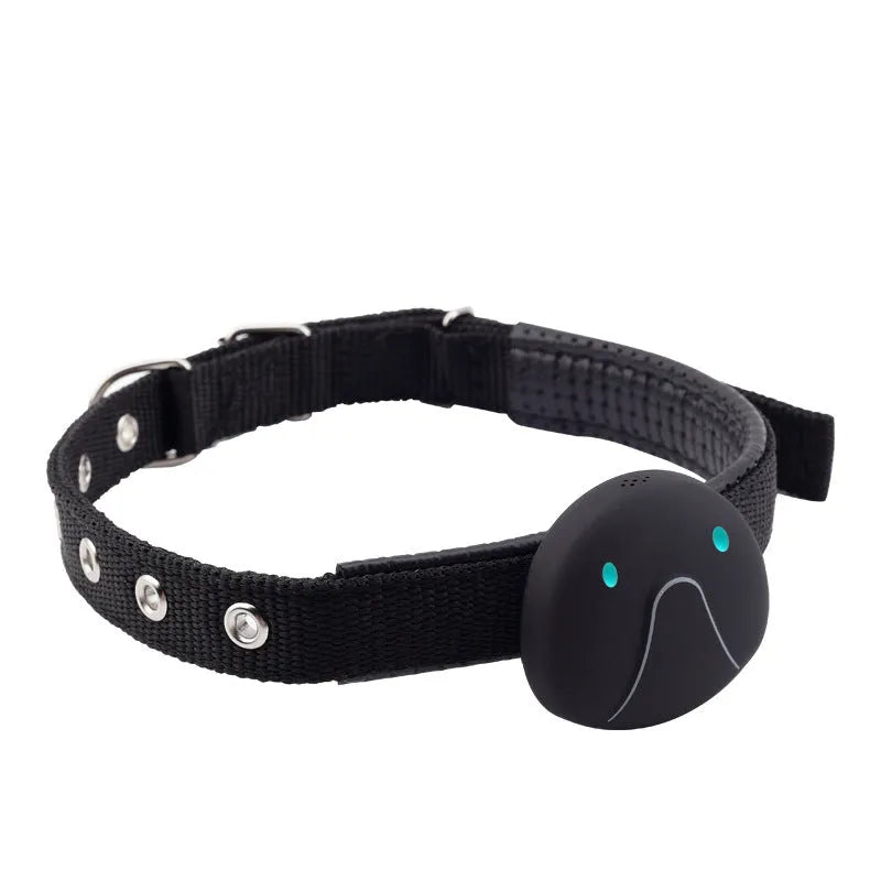 Mini pet smart wearable locator in black with ABS PVC body showing compact design for cat or dog collar