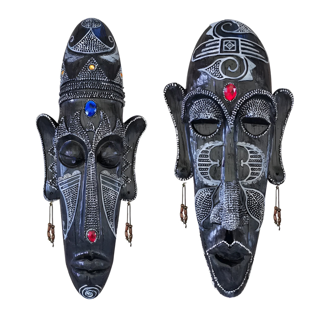Aqumotic resin tribal mask wall decor 14 inches tall 6 inches wide retro African black face mural