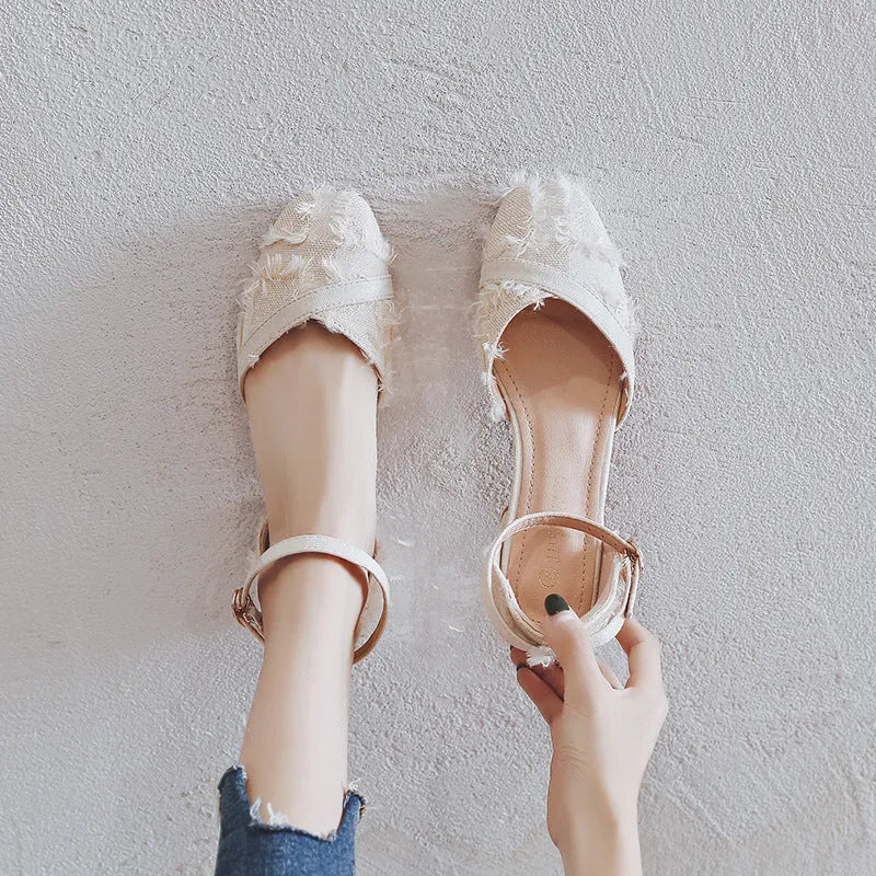 Women's apricot suede D'Orsay flats with an ankle strap and a low 3cm heel.