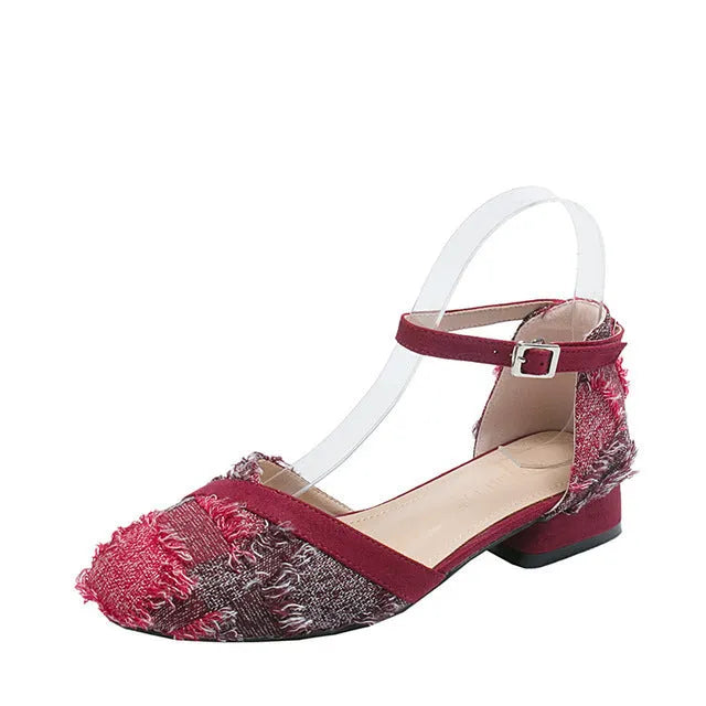 Women's apricot suede D'Orsay flats with an ankle strap and a low 3cm heel.