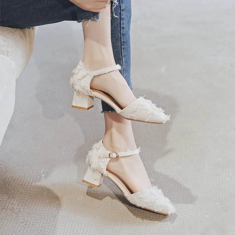 Women's apricot suede D'Orsay flats with an ankle strap and a low 3cm heel.