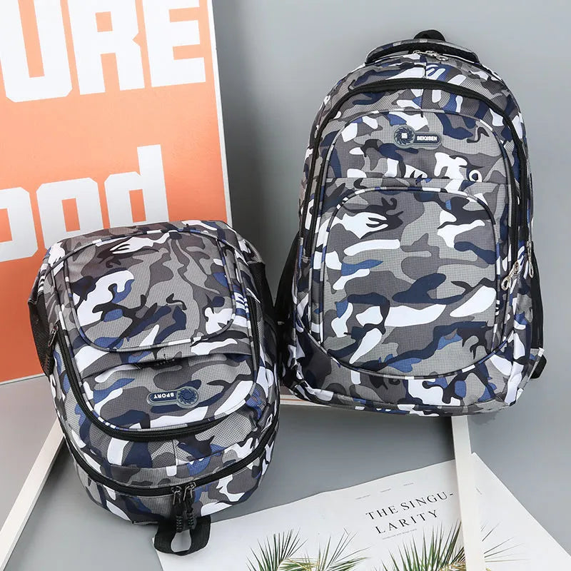 Blue lightweight Oxford fabric backpack for teenagers with side zip pockets and padded straps.