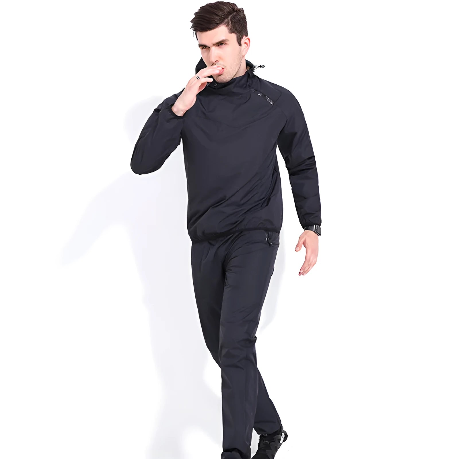 Women's polyester sports suit with black top and tights for running and gym