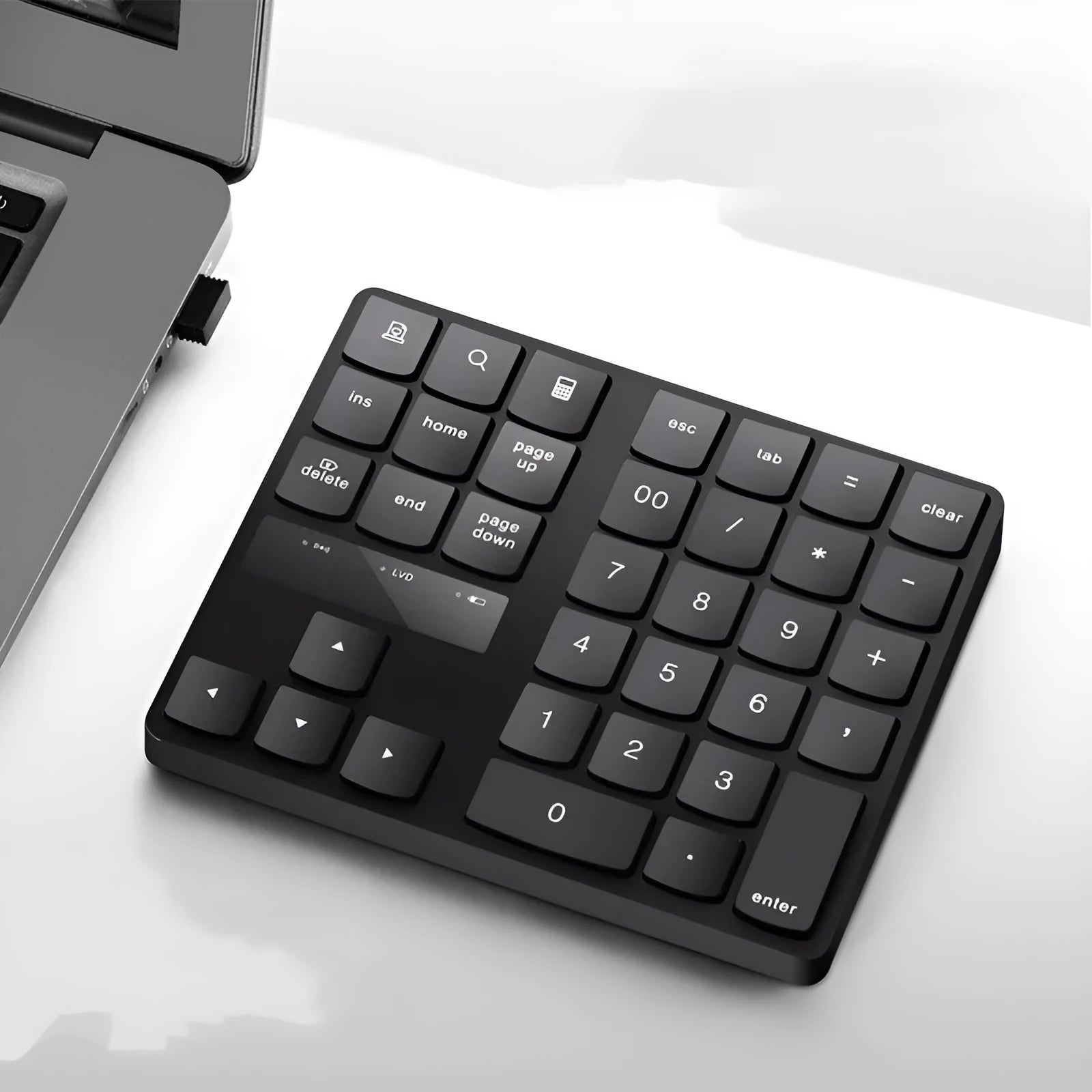 Black wireless 35-key numeric keyboard with compact ABS body and USB receiver