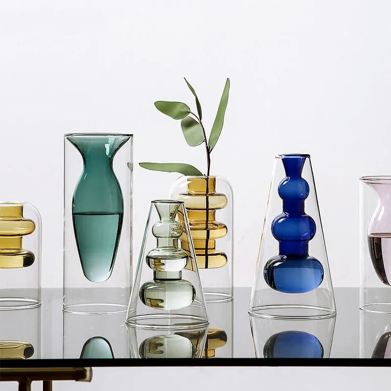 Small transparent glass vase in candy colour with double layer blowing process for home decoration