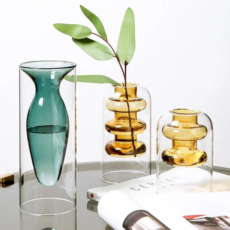Small transparent glass vase in candy colour with double layer blowing process for home decoration