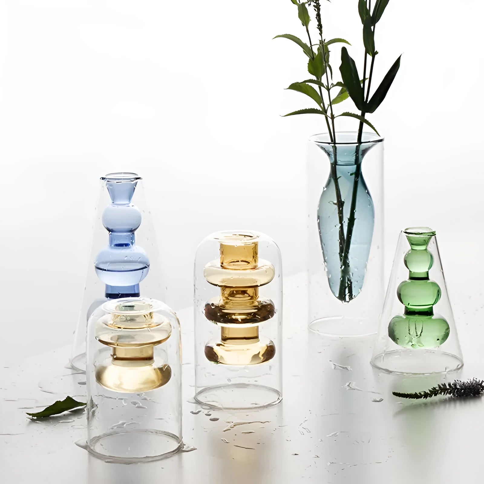 Small transparent glass vase in candy colour with double layer blowing process for home decoration