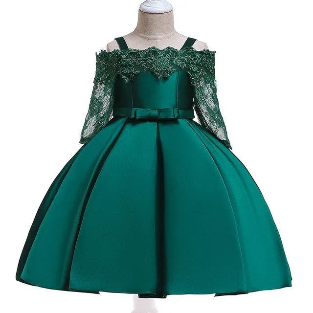 Girls lace-trimmed polyester dress and matching skirt set in dark red, shown in child size.