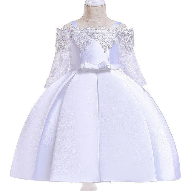Girls lace-trimmed polyester dress and matching skirt set in dark red, shown in child size.