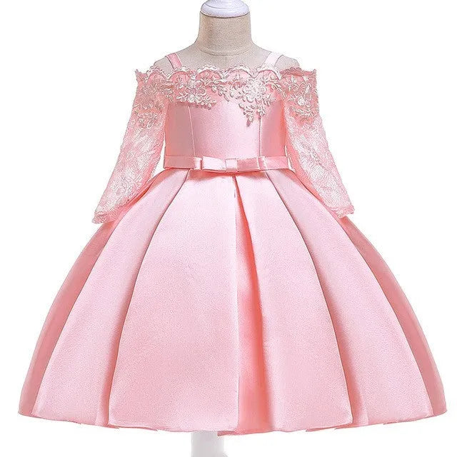 Girls lace-trimmed polyester dress and matching skirt set in dark red, shown in child size.