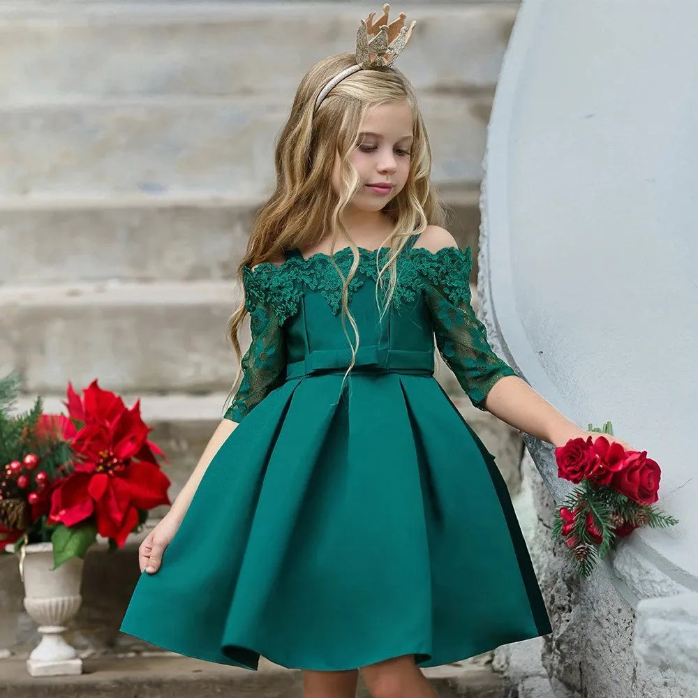 Girls lace-trimmed polyester dress and matching skirt set in dark red, shown in child size.