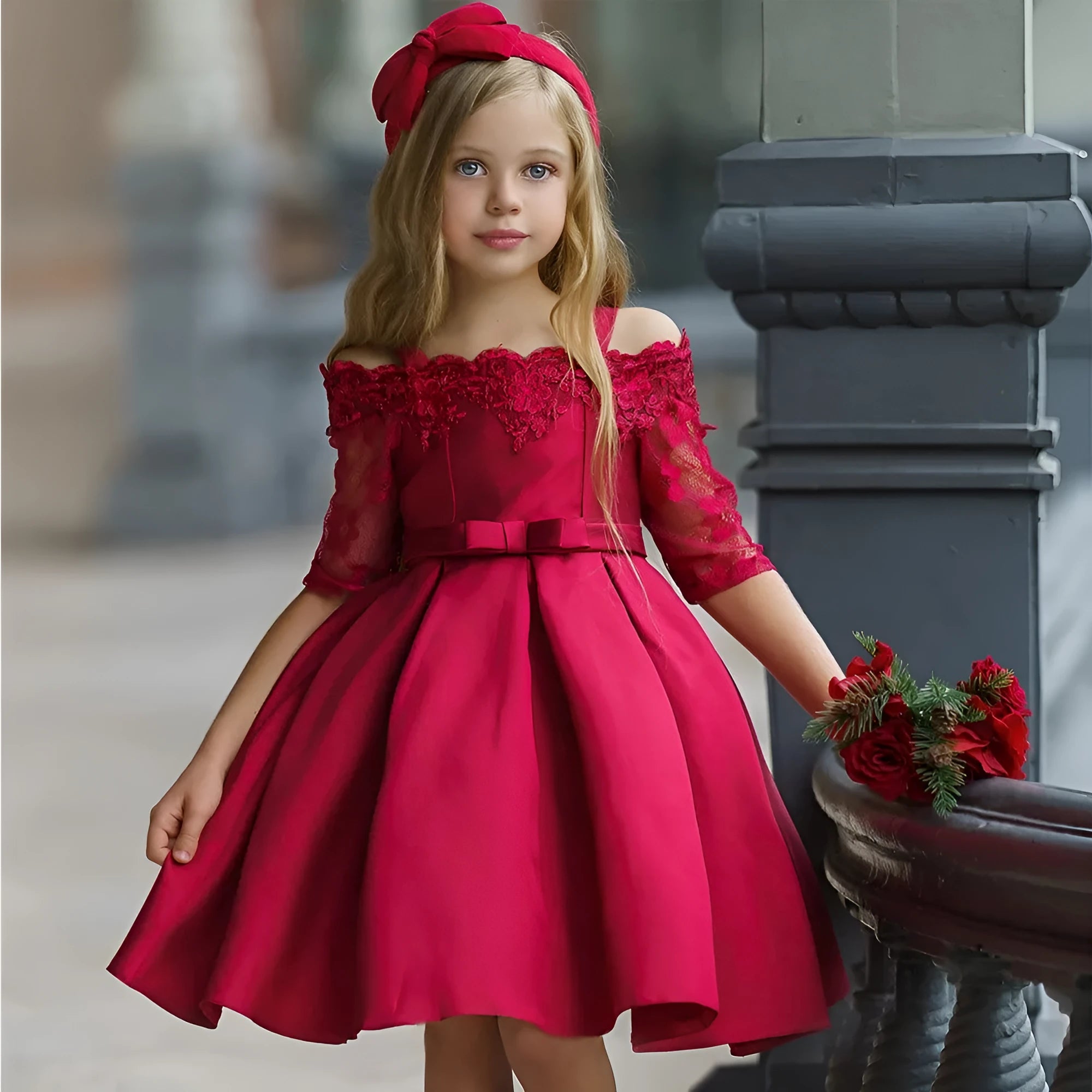 Girls lace-trimmed polyester dress and matching skirt set in dark red, shown in child size.