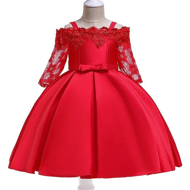 Girls lace-trimmed polyester dress and matching skirt set in dark red, shown in child size.