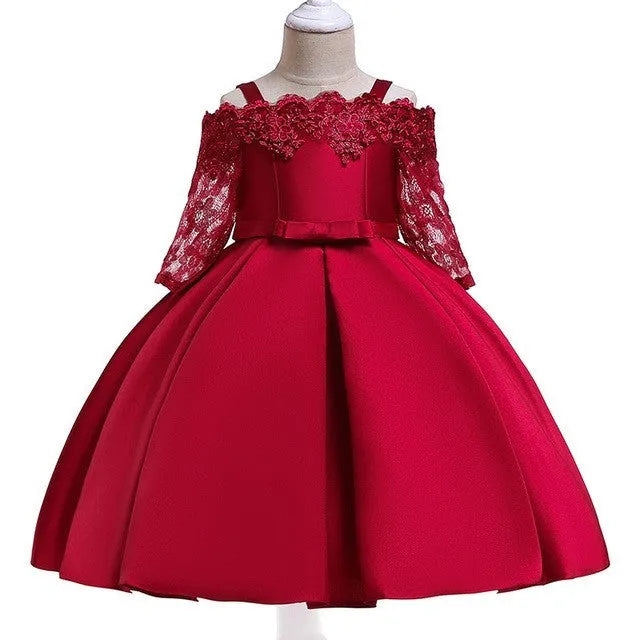 Girls lace-trimmed polyester dress and matching skirt set in dark red, shown in child size.