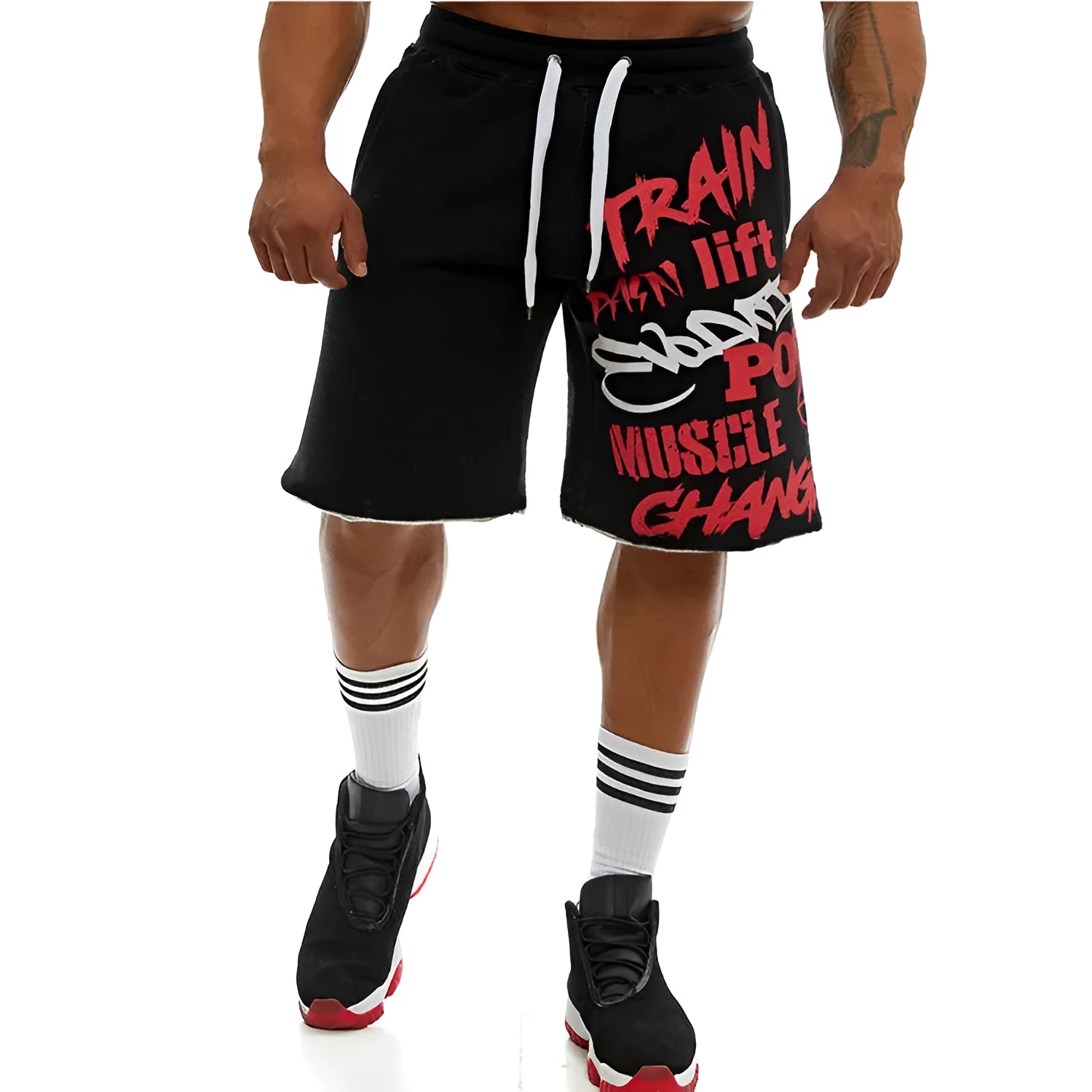 Men's casual workout tactical five-point shorts in cotton spandex blend, high elastic waist, black colour