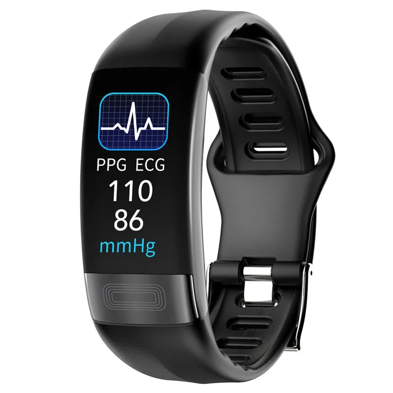 Black smart bracelet on a wrist displaying health metrics on its 0.96-inch screen.