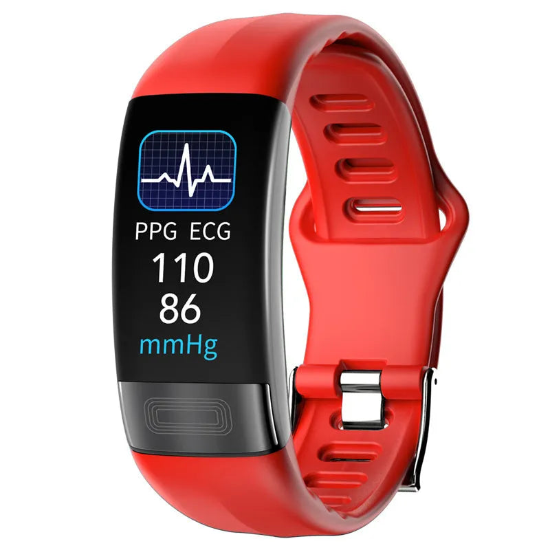Black smart bracelet on a wrist displaying health metrics on its 0.96-inch screen.