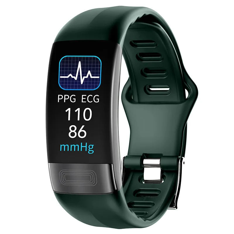 Black smart bracelet on a wrist displaying health metrics on its 0.96-inch screen.