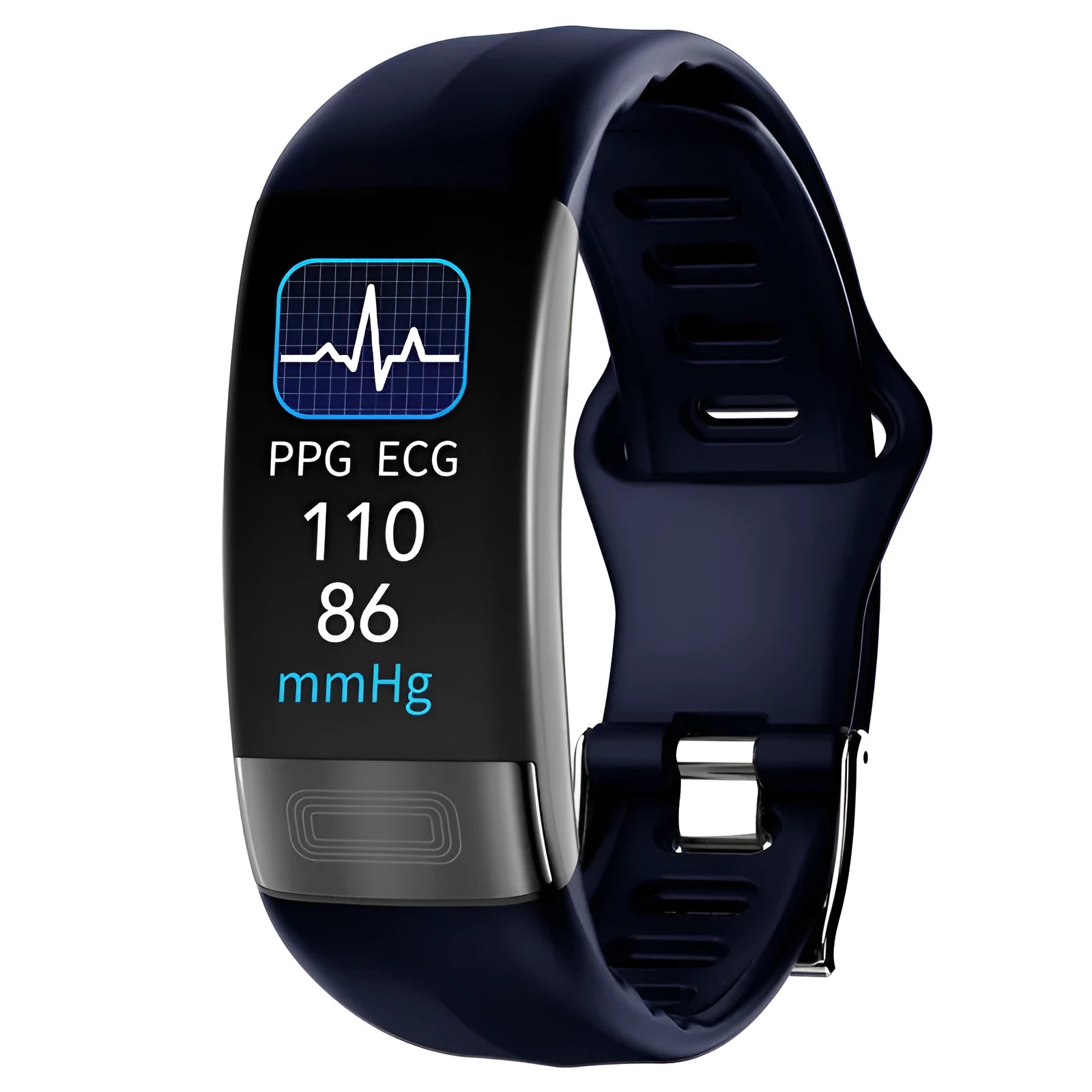 Black smart bracelet on a wrist displaying health metrics on its 0.96-inch screen.
