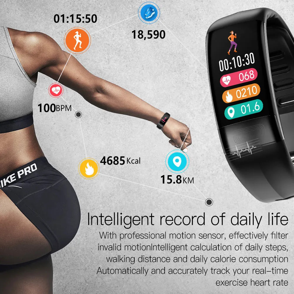 Black smart bracelet on a wrist displaying health metrics on its 0.96-inch screen.