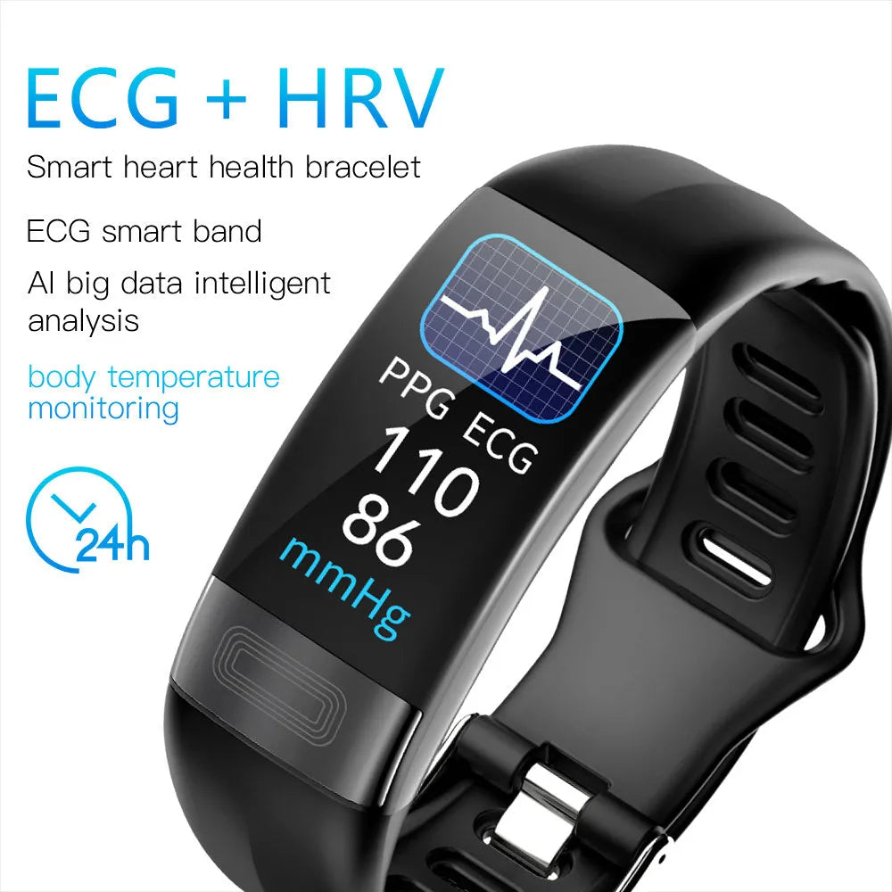 Black smart bracelet on a wrist displaying health metrics on its 0.96-inch screen.