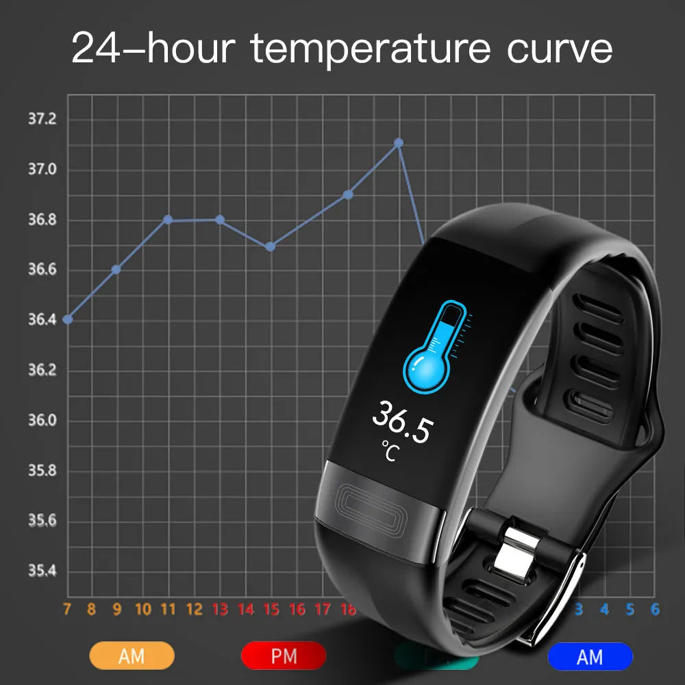 Black smart bracelet on a wrist displaying health metrics on its 0.96-inch screen.