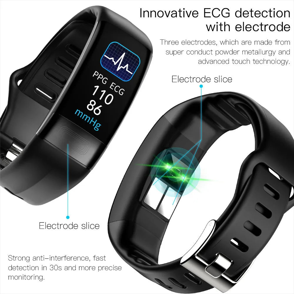 Black smart bracelet on a wrist displaying health metrics on its 0.96-inch screen.