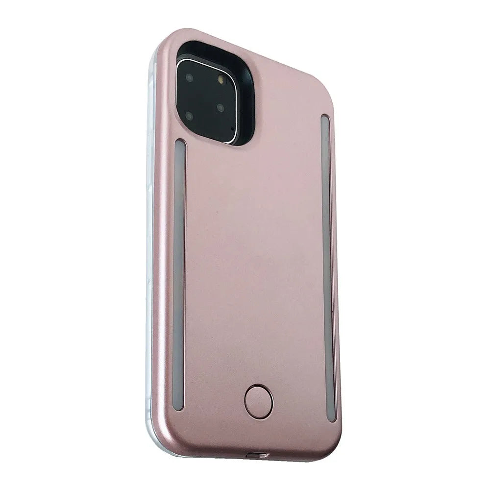 LED flash phone case for iPhone 11 Pro Max in black with glowing back panel and USB port