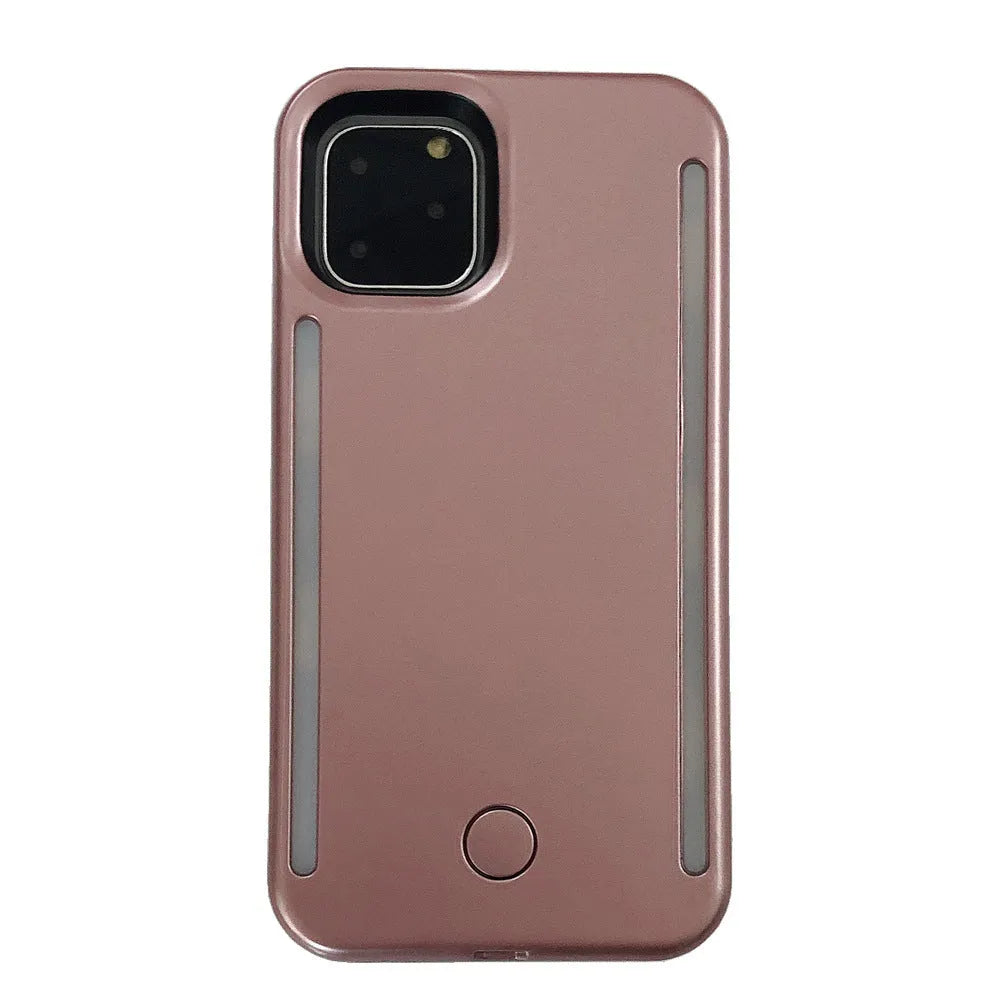 LED flash phone case for iPhone 11 Pro Max in black with glowing back panel and USB port