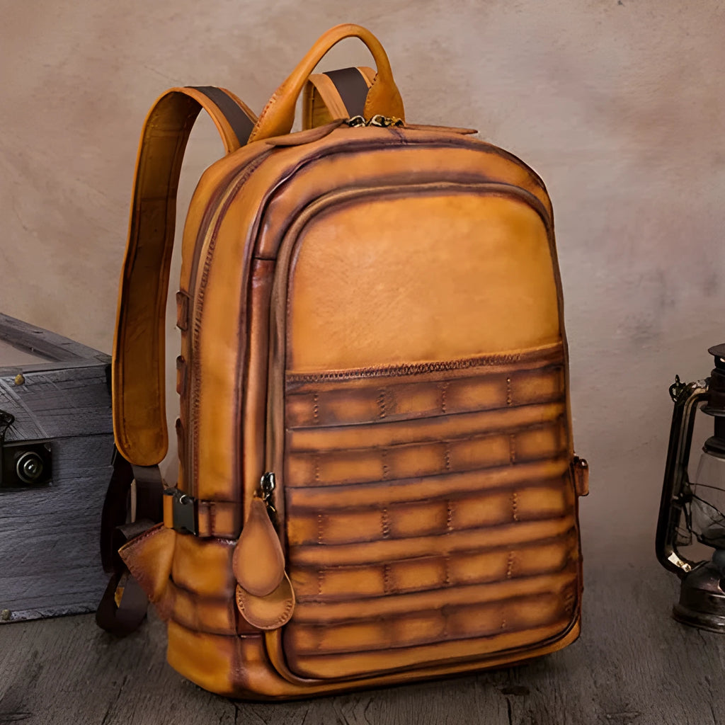 Men's vintage cow leather backpack with check pattern, vertical square shape, brown colour