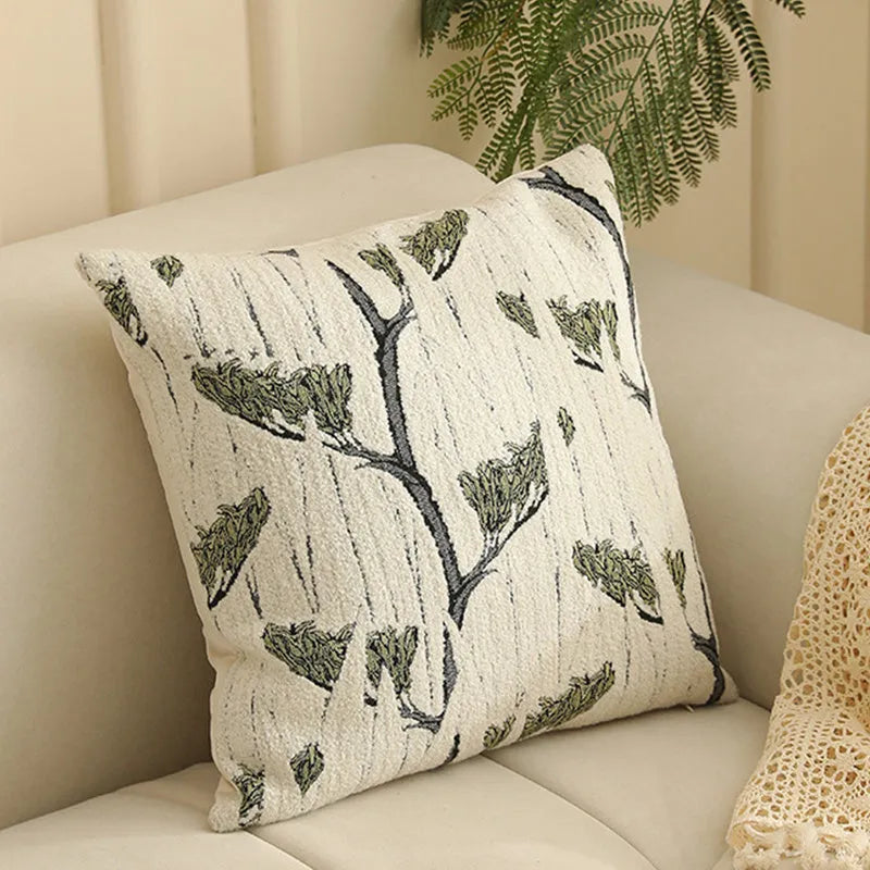 45cm square Jacquard cushion cover with Nordic plant and flower pattern in a retro colour.