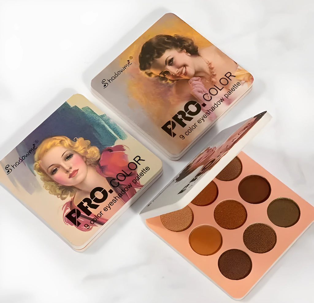 Matte makeup eyeshadow palette in style B with 9 colours, closed compact case showing EVA packaging
