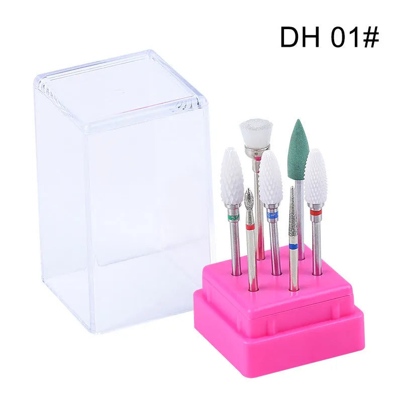 Tungsten steel nail drill polishing head set with 7 bits and a brush in a transparent case.