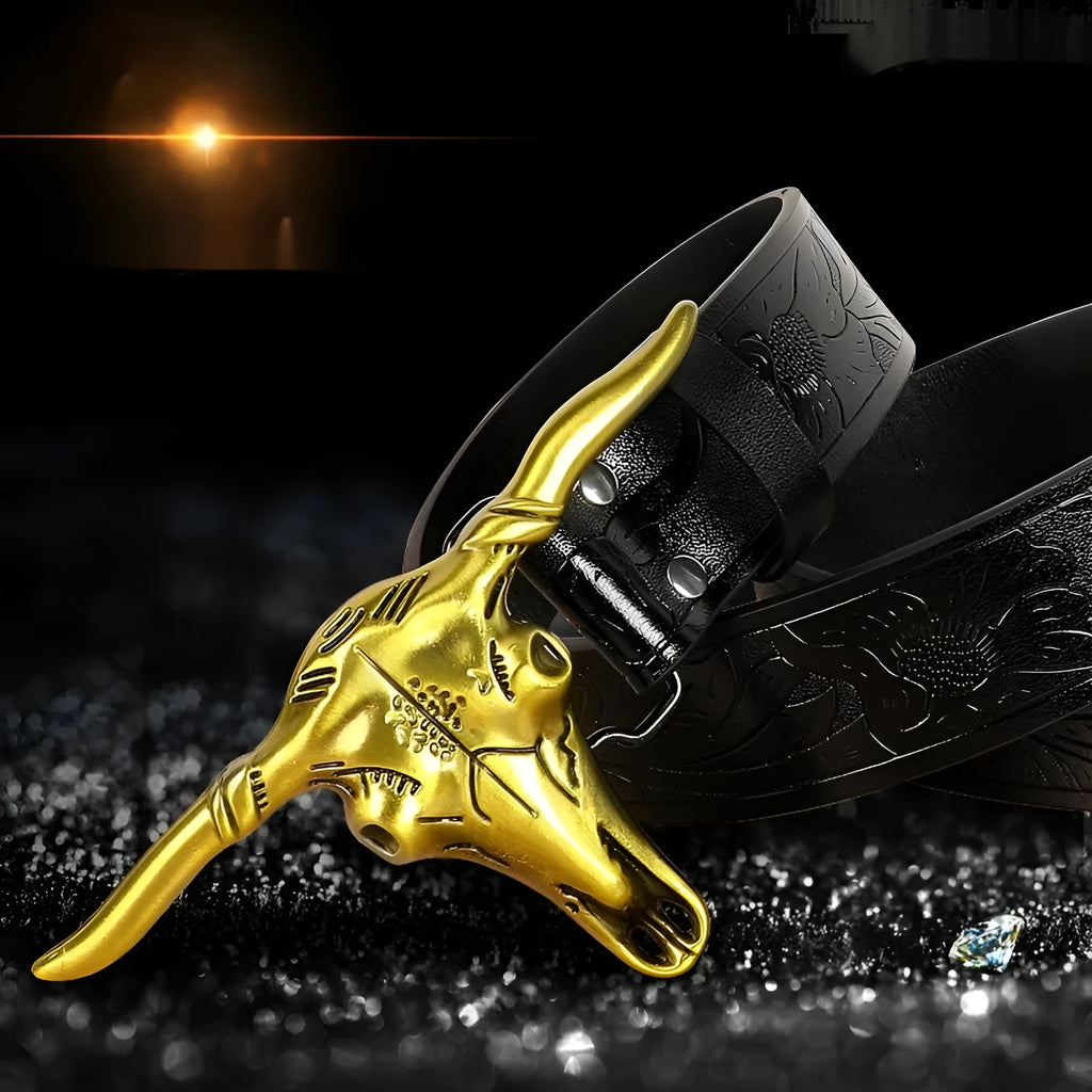 Men's imitation leather belt with electroplated cow head alloy buckle, 125 cm length