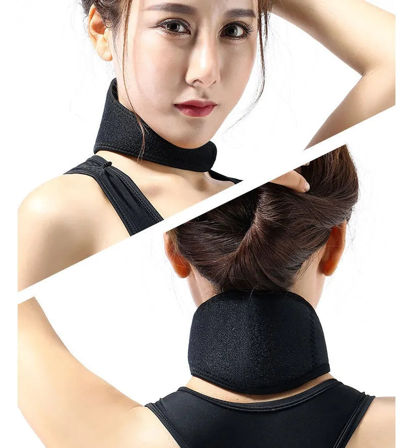 Black self-heating magnetic therapy neck guard with adjustable strap showing measurements