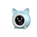 Small round plastic alarm clock with LCD number display in light blue, with alarm and thermometer functions for home or office use