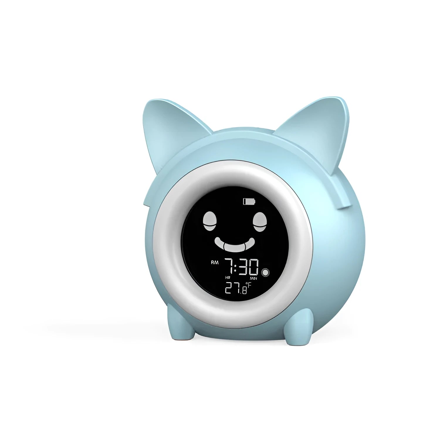 Small round plastic alarm clock with LCD number display in light blue, with alarm and thermometer functions for home or office use
