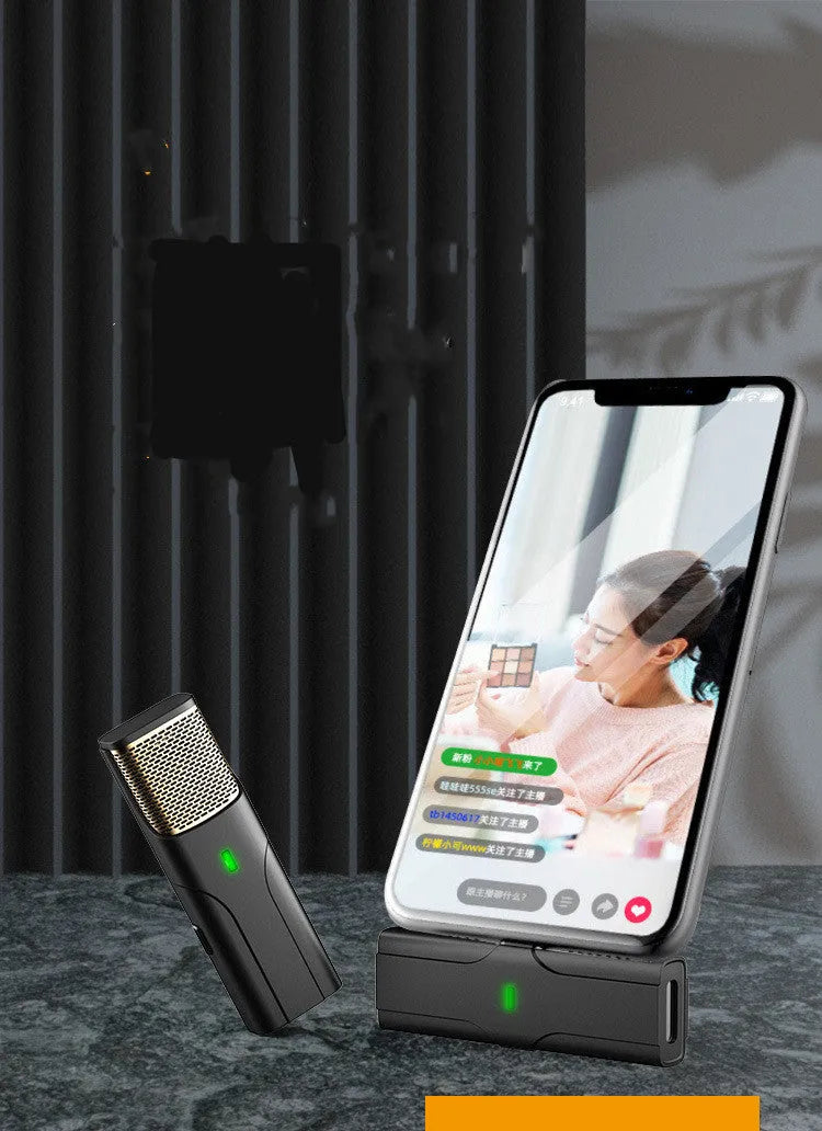 Black wireless lavalier microphone with transmitter and Type-C cable for live streaming.
