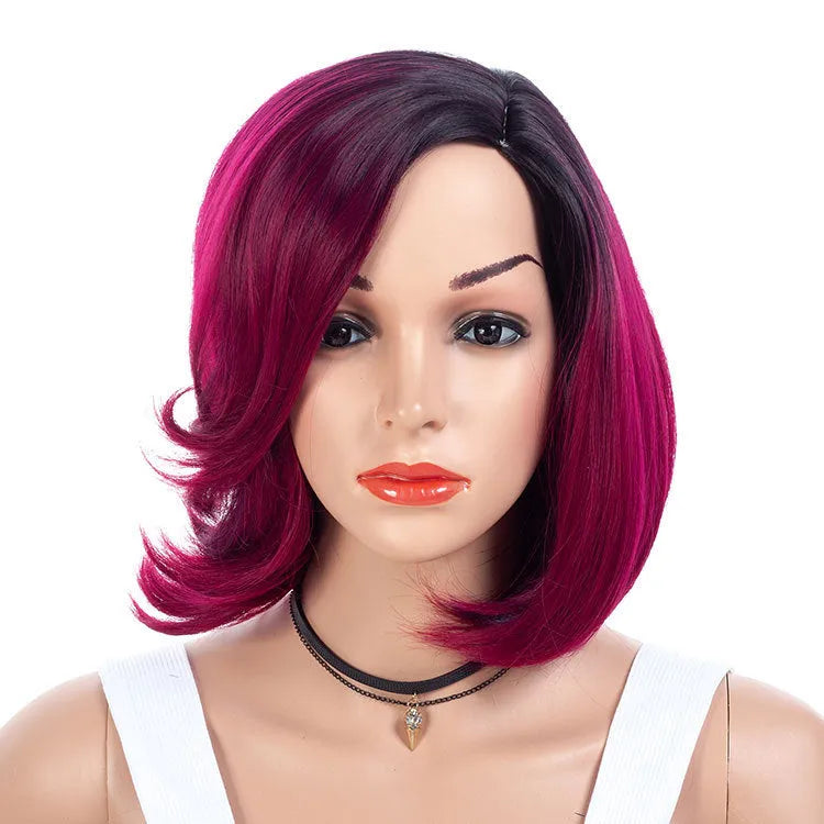 Wine red gradient partial short curly synthetic wig 40cm length high temperature wire fibre natural look