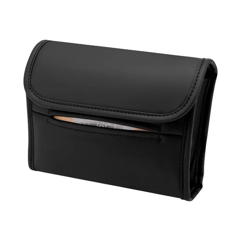 Leather car tissue box holder with elastic band button mounting on car sun visor