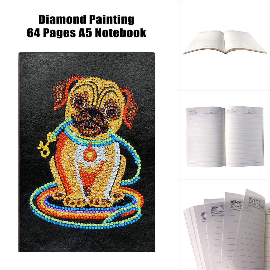 Black A5 DIY diamond painting notebook showing soft-touch cover and blank pages for craft projects