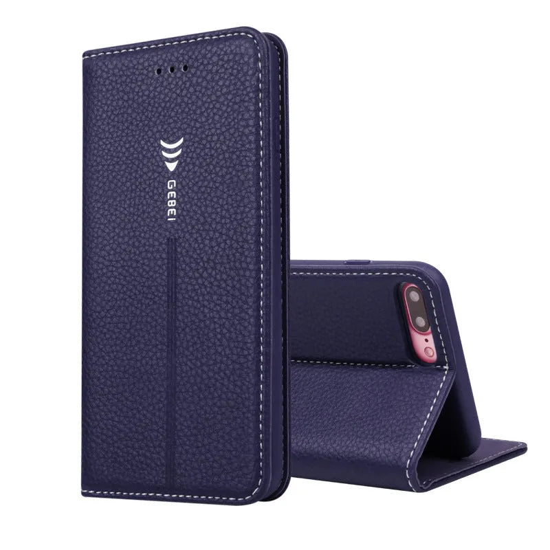 Brown PU leather wallet phone case for iPhone showing card slots and cash pocket.