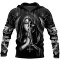 Black hooded sweatshirt with detailed white 3D skull anime graphic on front, long sleeves