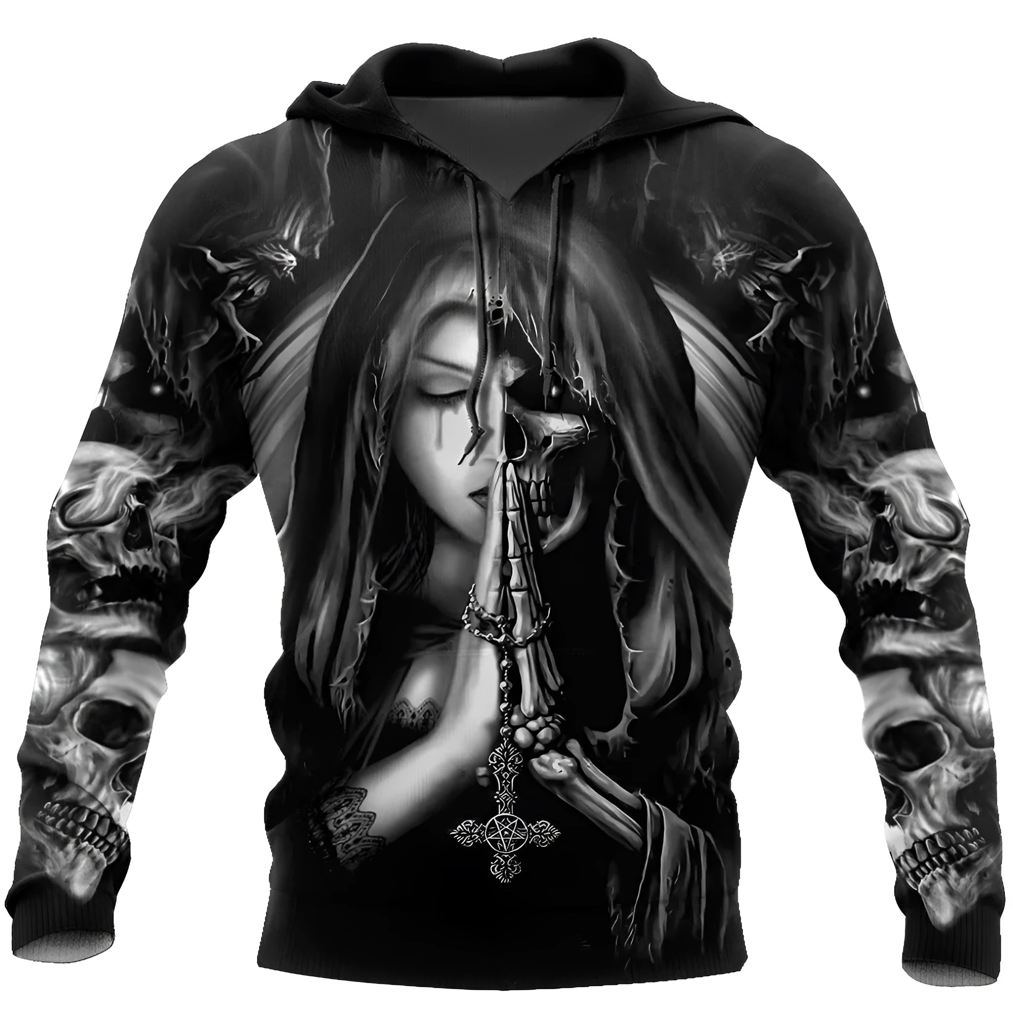 Black hooded sweatshirt with detailed white 3D skull anime graphic on front, long sleeves