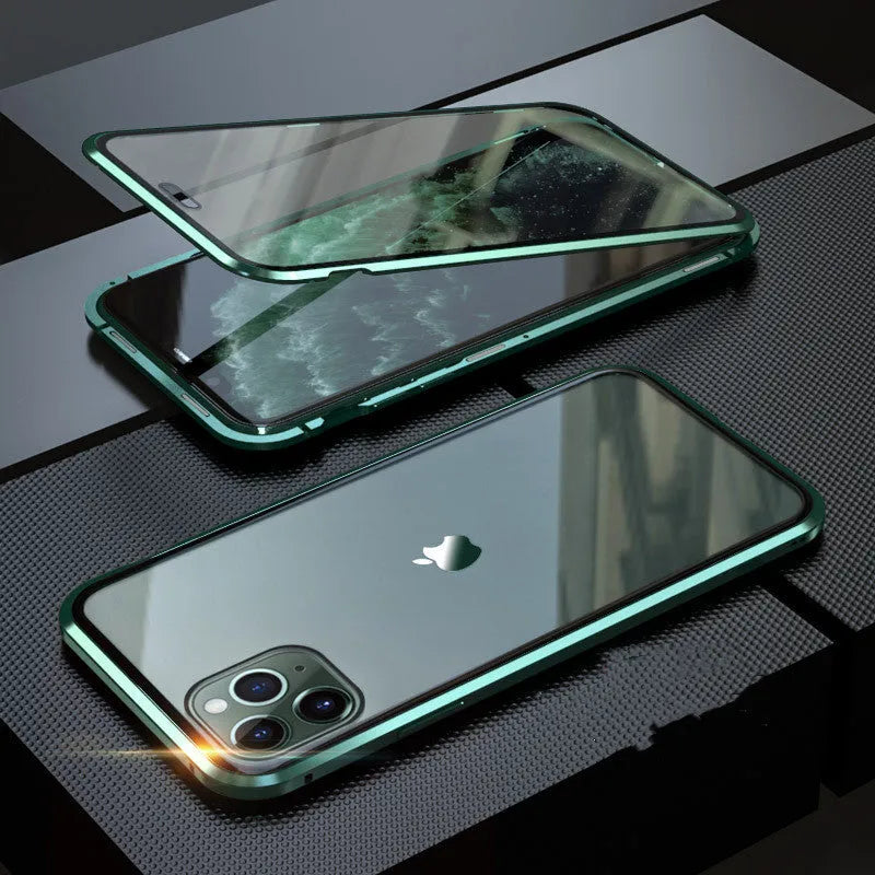 Glass anti-spy phone case with closed clamshell design showing geometric styling