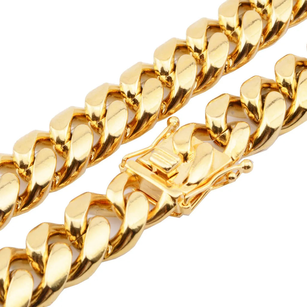 Gold stainless steel Miami Cuban link chain 12mm width on a white background