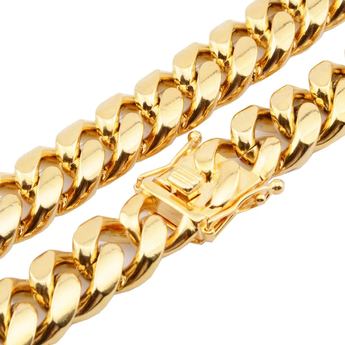Gold stainless steel Miami Cuban link chain 12mm width on a white background