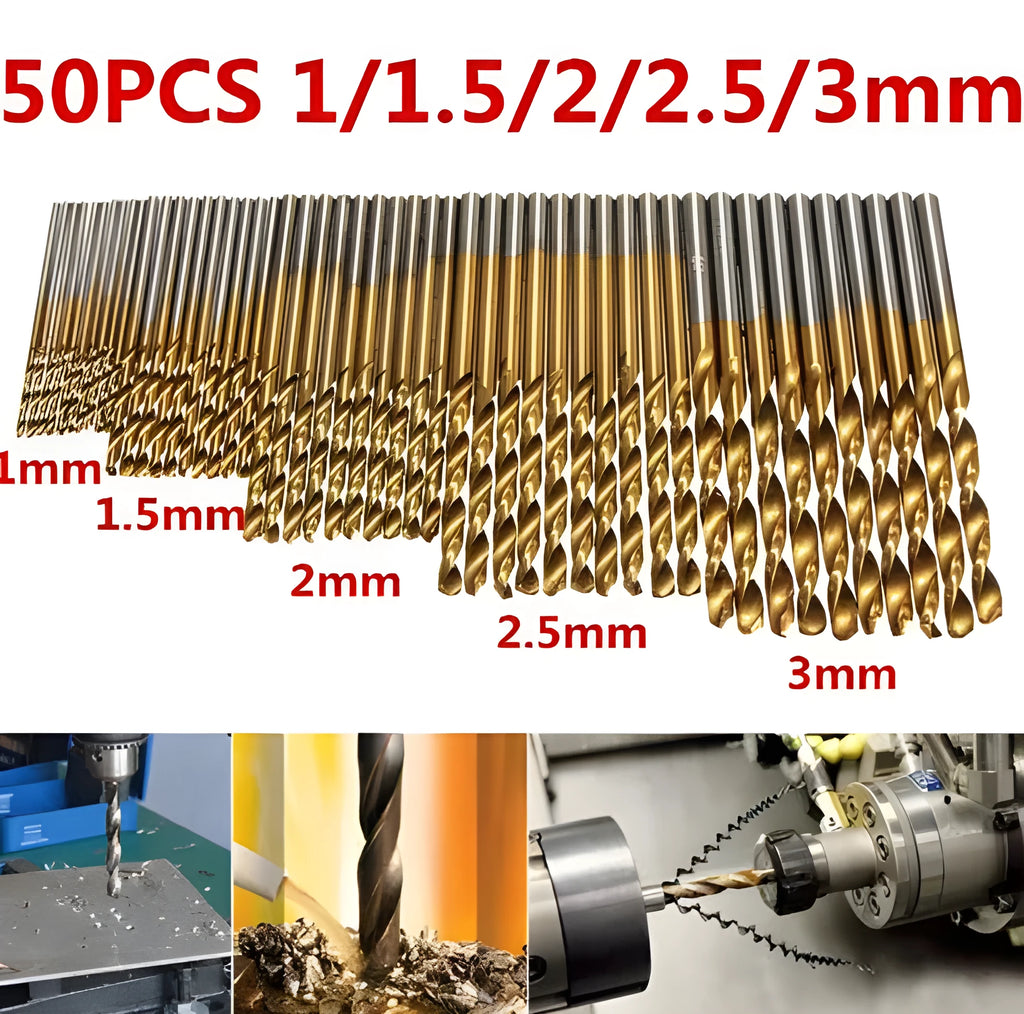 50-piece set of titanium-coated high-speed steel twist drill bits on a metal ring.