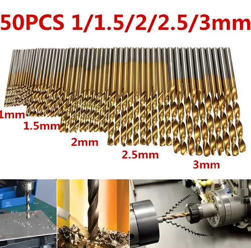 50-piece set of titanium-coated high-speed steel twist drill bits on a metal ring.