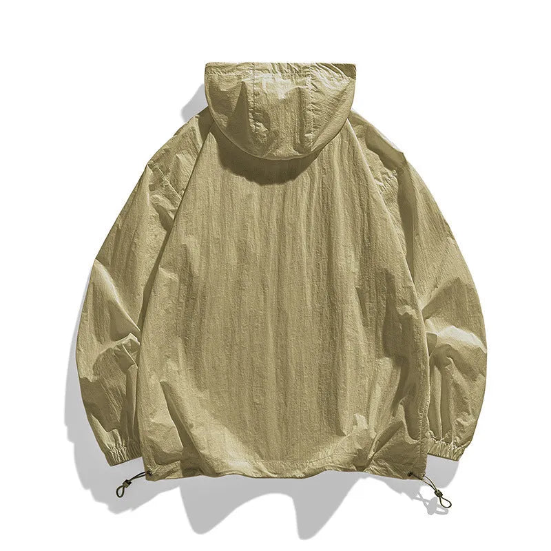 Men and women couple sun protection jacket in light army green, lightweight hooded Lycra fabric, available in multiple sizes